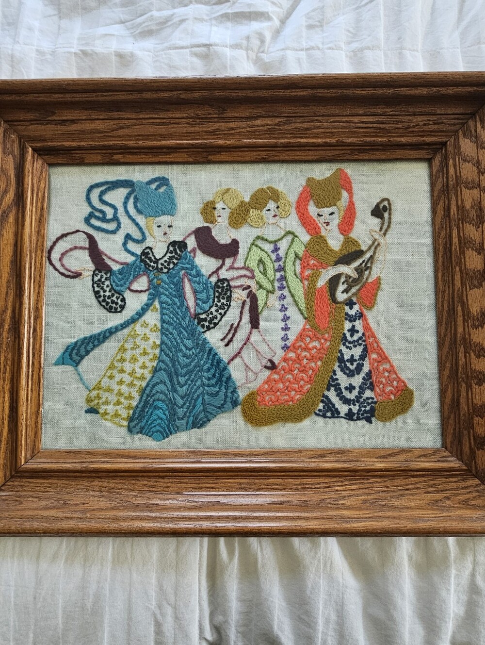 Vintage Framed Hand Embroidered Crewel Medieval Historic Women Textile Art